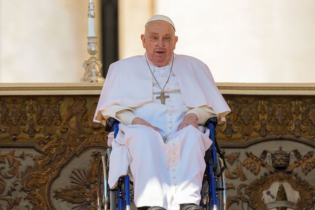 Pope Francis arrives at the end of a mass in St. Peter's Square at The Vatican, on Sunday, April 6, 2025.