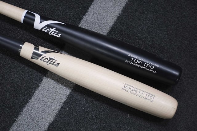 Torpedo baseball bats are displayed at Victus Sports in King of Prussia, Pa.
