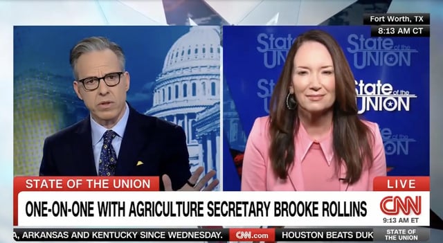 CNN anchor Jake Tapper questions Agriculture Secretary Brooke Rollins during a Sunday interview on news program State of the Union.