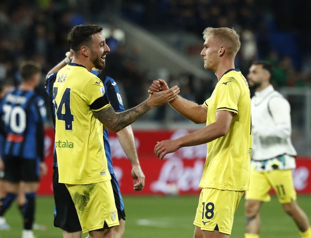 Soccer Football - Serie A - Atalanta v Lazio - Gewiss Stadium, Bergamo, Italy - April 6, 2025 Lazio's Mario Gila and Lazio's Gustav Isaksen celebrate after the match REUTERS/Alessandro Garofalo
