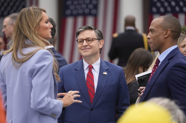 House Speaker Mike Johnson of La., arrives before President Donald Trump speaks during an event to announce new tariffs in the Rose Garden at the White House, Wednesday, April 2, 2025, in Washington. (AP Photo/Mark Schiefelbein)