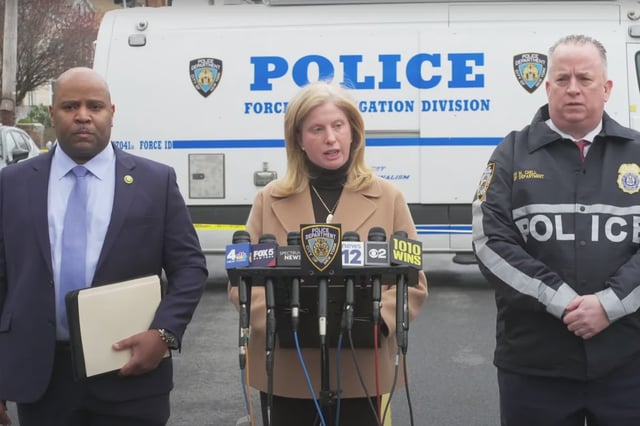 NYPD officials brief the media about an incident in Brooklyn on Sunday, April 6, 2025.