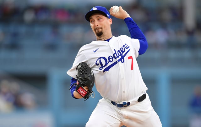 Apr 2, 2025; Los Angeles, California, USA; Los Angeles Dodgers pitcher Blake Snell (7) throws during the third inning against the Atlanta Braves at Dodger Stadium. Gary A. Vasquez-Imagn Images/File Photo