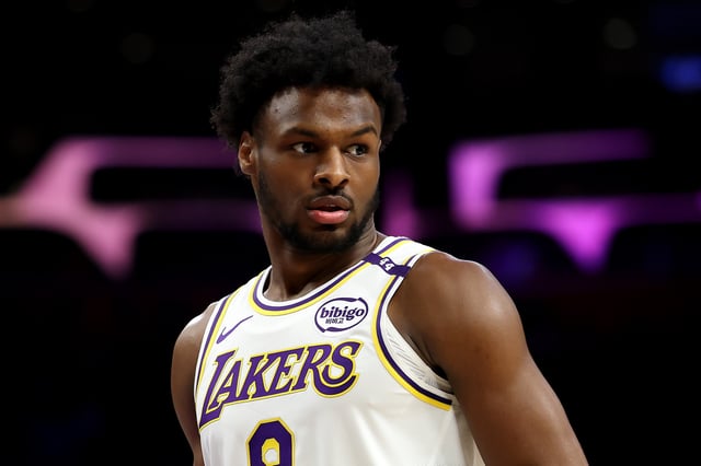 Bronny James #9 of the Los Angeles Lakers looks on against the Chicago Bulls during the fourth quarter at Crypto.com Arena on March 22, 2025 in Los Angeles, California.