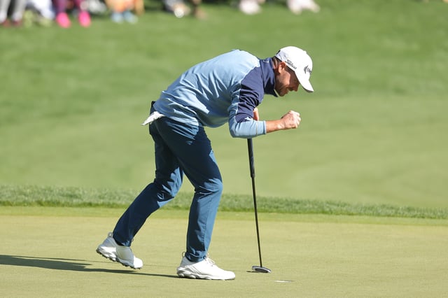 SAN ANTONIO, TEXAS - APRIL 06: Brian Harman of the United States celebrates on the 18th green after winning the final round of the Valero Texas Open 2025 at TPC San Antonio on April 06, 2025 in San Antonio, Texas.