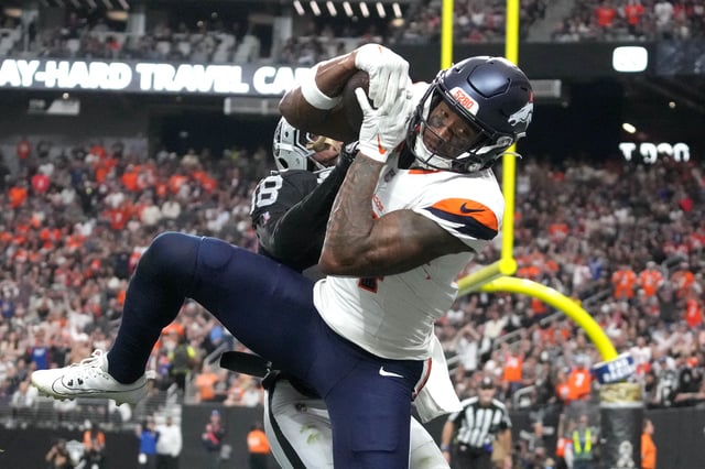Nov 24, 2024; Paradise, Nevada, USA; Denver Broncos wide receiver Courtland Sutton (14) catches an 18-yard touchdown pass against Las Vegas Raiders cornerback Jack Jones (18) in the third quarter at Allegiant Stadium. Kirby Lee-Imagn Images/File Photo