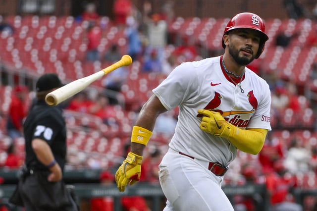 Apr 2, 2025; St. Louis, Missouri, USA;  St. Louis Cardinals catcher Ivan Herrera (48) tosses his bat after hitting a two run home run for his second home run of the game against the Los Angeles Angels during the sixth inning at Busch Stadium. Jeff Curry-Imagn Images/File Photo