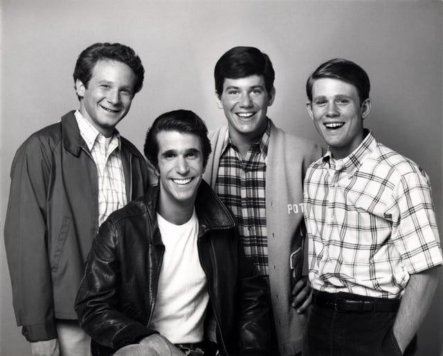 UNITED STATES - JANUARY 25:  HAPPY DAYS - Season Three - July, 1975, A group portrait of Ralph (Donny Most), Fonzie ( Henry Winkler), Potsie (Anson Williams) and Richie (Ron Howard)  (Photo by ABC Photo Archives/Disney General Entertainment Content via Getty Images)
