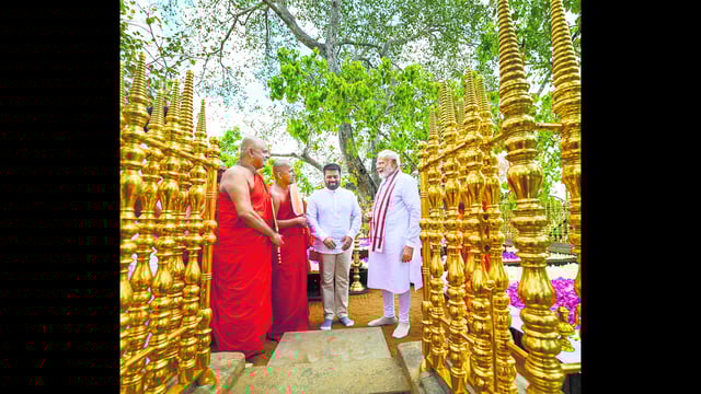 Prime Minister Narendra Modi with Sri Lankan President Anura Kumara Dissanayake at the Jaya Sri Maha Bodhi in Anuradhapura on Sunday. (PTI)