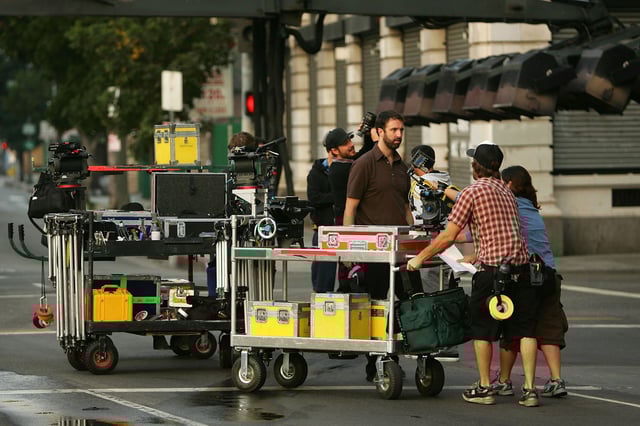 A crew sets up cameras for the filming a mobile phone commercial on-location on November 18, 2006 in Los Angeles, California. 