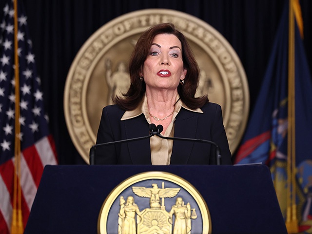New York Gov. Kathy Hochul speaks during a press conference at her Manhattan office on February 20, 2025 in New York City. Hochul announced that she will not be removing New York City Mayor Eric Adams but will be proposing guardrails to ensure that decisions made in City Hall are in the interest of the city. (Photo by Michael M. Santiago/Getty Images)