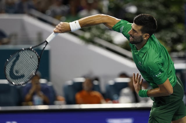 Mar 30, 2025; Miami, FL, USA; Novak Djokovic (SRB) serves against Jakub Mensik (CZE)(not pictured) in the men's singles championship of the Miami Open at Hard Rock Stadium. Mandatory Credit: Geoff Burke-Imagn Images