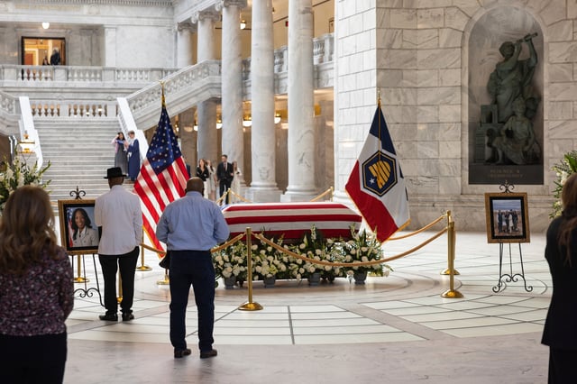 Attendees pay their respects during a funeral service for former U.S. Rep. Mia Love, Sunday, April 6, 2025, in Salt Lake City. (AP Photo/Melissa Majchrzak)