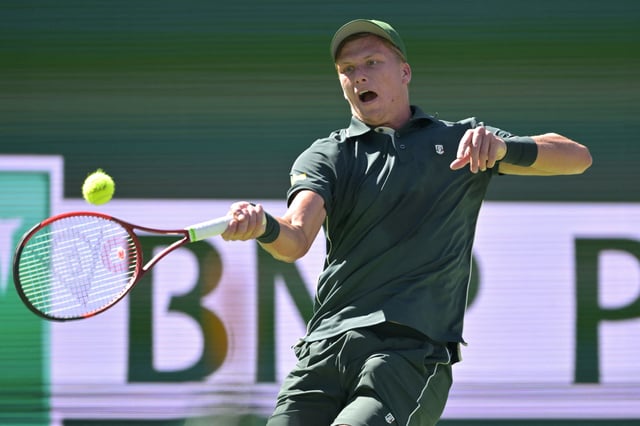 Mar 9, 2025; Indian Wells, CA, USA;  Jenson Brooksby (USA) hits a shot against Jack Draper (not pictured) during the BNP Paribas Open at the Indian Well Tennis Garden. Mandatory Credit: Jayne Kamin-Oncea-Imagn Images/File Photo