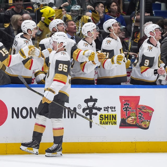 Vegas Golden Knights' Victor Olofsson (95) celebrates his goal against the Vancouver Canucks during the third period of an NHL hockey game in Vancouver, on Sunday, April 6, 2025. THE CANADIAN PRESS/Darryl Dyck