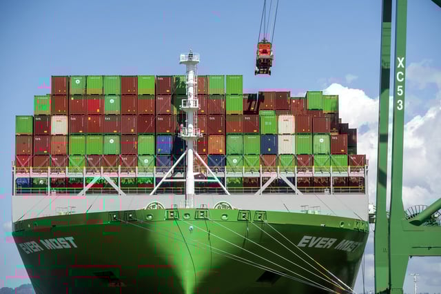 Shipping containers line the Ever Most cargo vessel docked at the Port of Oakland on Thursday, April 3, 2025, in Oakland, Calif. (AP Photo/Noah Berger)