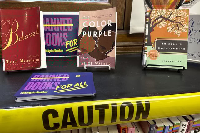 FILE - A Banned Books Week display is at the Mott Haven branch of the New York Public Library in the Bronx borough of New York City on Saturday, October 7, 2023. (AP Photo/Ted Shaffrey,File)
