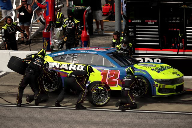 Ryan Blaney, driver of the #12 Menards/Dutch Boy Ford, pits during the NASCAR Cup Series Goodyear 400 at Darlington Raceway on April 06, 2025 in Darlington, South Carolina.
