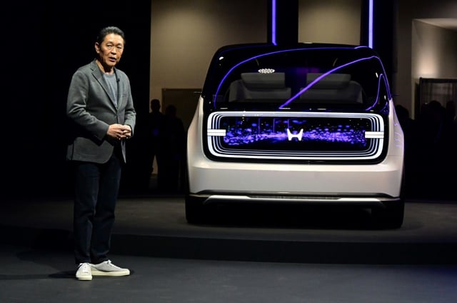 Shinji Aoyama, Chief Director of North America Japanese automaker Honda, unveils its electric vehicle concept Space-Hub during the Consumer Electronics Show (CES) in Las Vegas, Nevada on January 9, 2024.