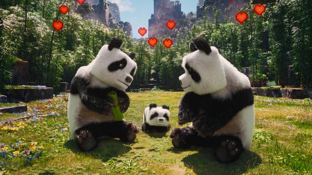 Two pandas in love with a baby