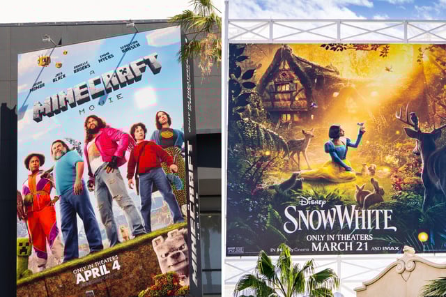 L: &#39;Minecraft&#39; skyscraper billboard campaign on April 04, 2025 in Hollywood, California, R: Billboard promoting the new Disney film &#39;Snow White&#39; with Rachel Zegler above the El Capitan Entertainment Centre on March 20, 2025 in Hollywood, California.