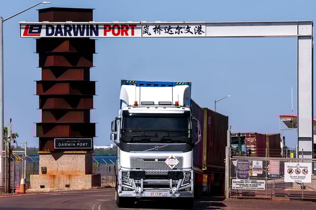 This picture taken on August 28, 2023, shows a sign displayed at the entrance to Darwin Port in the Northern Territory, Australia.
