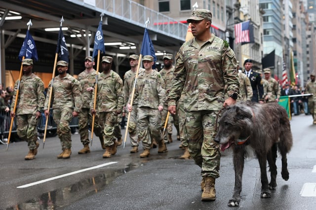 Members of the U.S. Army participate in a St. Patrick&#39;s Day Parade as they march along Fifth Avenue on March 17, 2025, in New York City.