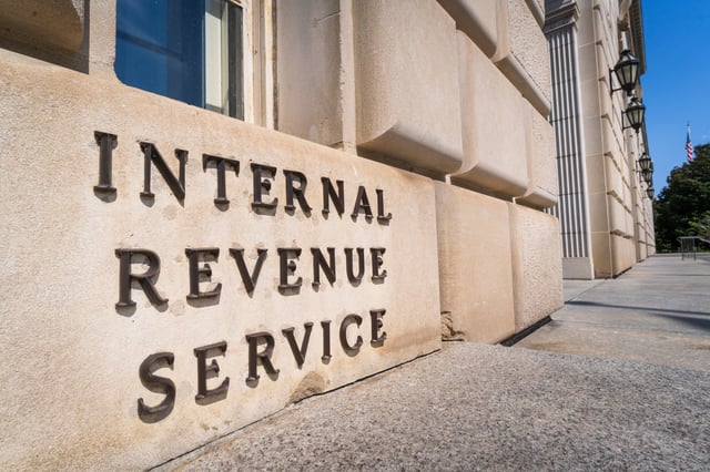 A sign marks the entrance to the U.S. Internal Revenue Service (IRS) headquarters building on September 15, 2024, in Washington, DC.