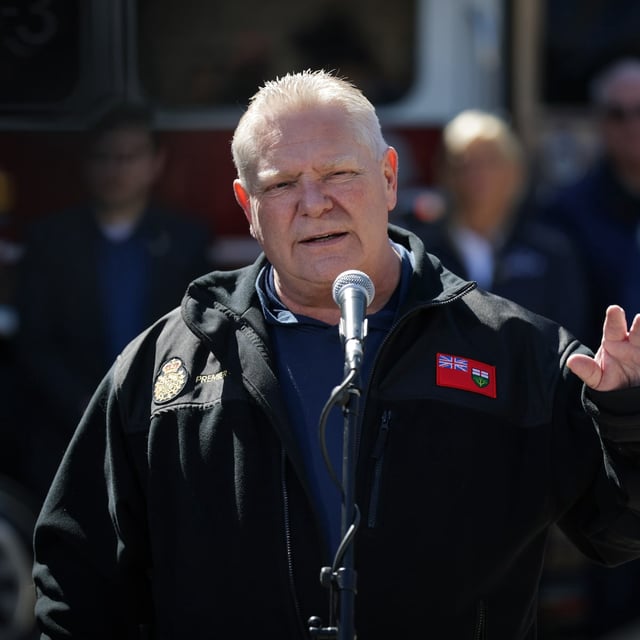 Ontario Premiere Doug Ford speaks to media at the Storm Command Centre in Orillia, Ont. on Friday April 4, 2025.   He arrived to inspect the damages from the ice storm and thank front-line volunteers and workers. THE CANADIAN PRESS/Christopher Drost