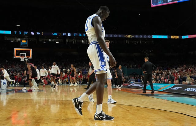 Apr 5, 2025; San Antonio, TX, USA; Duke Blue Devils center Khaman Maluach (9) reacts after their loss to the Houston Cougars in the semifinals of the men's Final Four of the 2025 NCAA Tournament at the Alamodome. Mandatory Credit: Bob Donnan-Imagn Images/ File Photo