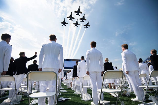 Democrats raised concerns over the removal of books from the U.S. Naval Academy library. Above, a Naval Academy graduation ceremony in 2021.