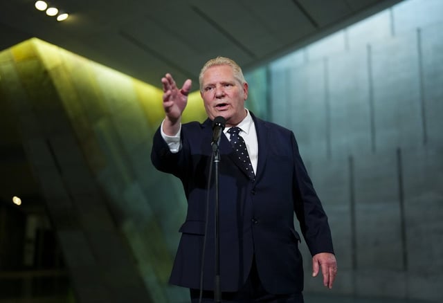 Ontario Premier Doug Ford speaks to reporters following the First Ministers Meeting at the National War Museum on Friday, March 21, 2025. Primer Doug Ford says he will be visiting the areas impacted by prolonged power outages caused by an ice storm that hit central and northern Ontario. 