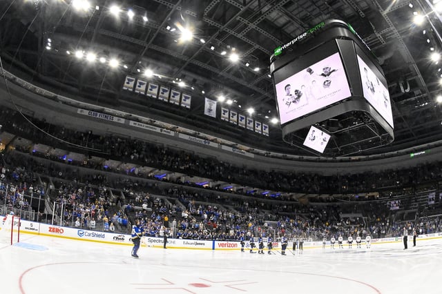 Oct 1, 2024; St. Louis, Missouri, USA;  St. Louis Blues honor Johnny and Matthew Gaudreau with a moment of silence before a game against the Columbus Blue Jackets at Enterprise Center. Mandatory Credit: Jeff Curry-Imagn Images/File Photo
