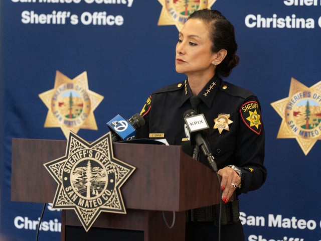San Mateo County Sheriff Christina Corpus takes questions from the press during a last-minute conference at the San Mateo County Sheriff’s Office in Redwood City on Nov. 12, 2024. Photo by Anna Hoch-Kenney.