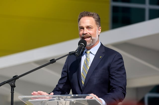 Ted Christie the President and Chief Executive Officer at Spirit Airlines, speaks during the opening ceremony for the new Spirit Central Campus in Dania Beach on Thursday, April 18, 2024. The campus spans more than 11 acres and features four buildings, including a support center with offices, an amenity building, a new crew training facility built for hands-on experience in flight simulators, and a corporate housing facility. (Mike Stocker/South Florida Sun Sentinel)