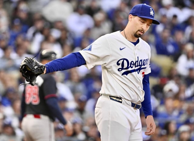 Dodgers starting pitcher Blake Snell shows his frustration after giving up a run during the first inning of a game against the Atlanta Braves earlier this month at Dodger Stadium. (Photo by Keith Birmingham, Orange County Register/SCNG)