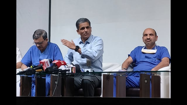 Deenanath Mangeshkar Hospital (DMH) medical director Dr Dhananjay Kelkar (in light blue shirt) addressed the media