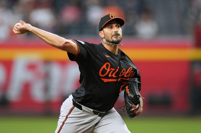 Baltimore Orioles starting pitcher Zach Eflin throws against the Arizona Diamondbacks during the first inning of a baseball game Monday, April 7, 2025, in Phoenix. (AP Photo/Ross D. Franklin)