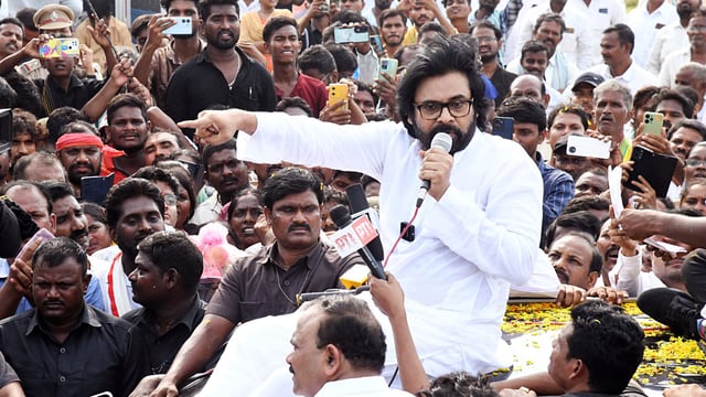 Andhra Pradesh deputy chief minister Pawan Kalyan addresses a gathering.