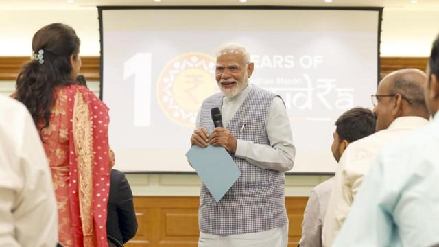 PM Modi was interacting with a group of Mudra loan beneficiaries at his residence on the tenth anniversary of the scheme. (PTI photo)