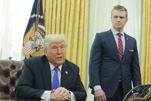 U.S. President Donald Trump speaks alongside U.S. Secretary of Defense Pete Hegseth in the Oval Office of the White House on March 21, 2025 in Washington, DC.