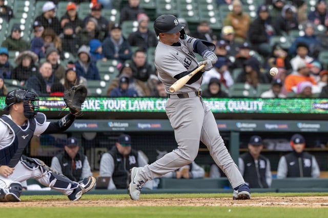 Apr 7, 2025; Detroit, Michigan, USA; New York Yankees first base Paul Goldschmidt (48) hits a single against the Detroit Tigers at Comerica Park. Mandatory Credit: David Reginek-Imagn Images