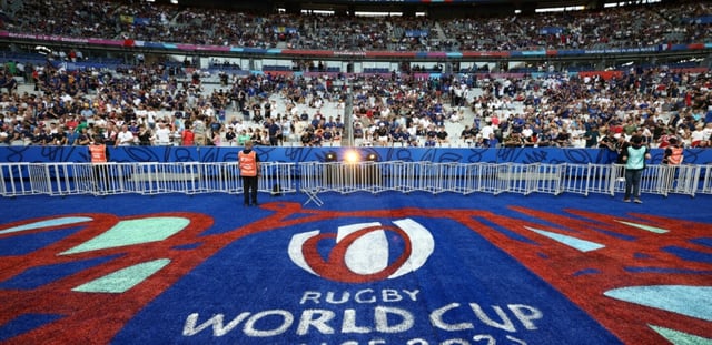 Vue générale sur une tribune du stade de France avant le match France - Nouvelle-Zélande lors de la Coupe du monde de rugby, le 11 septembre 2023