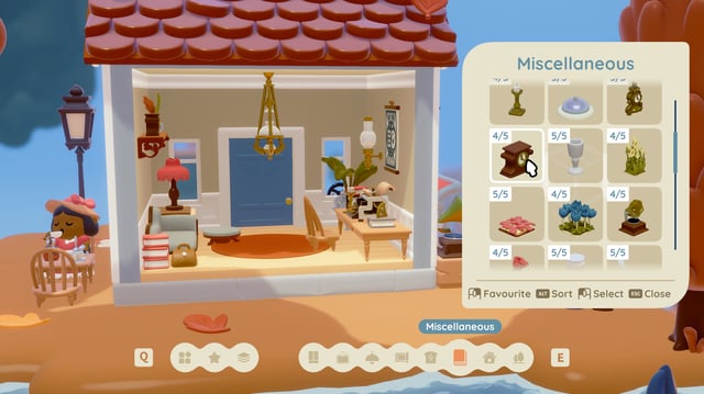 Twinkleby - a small house diorama in a cute 3D cartoony style with an inventory of miscellaneous furniture open on the side.