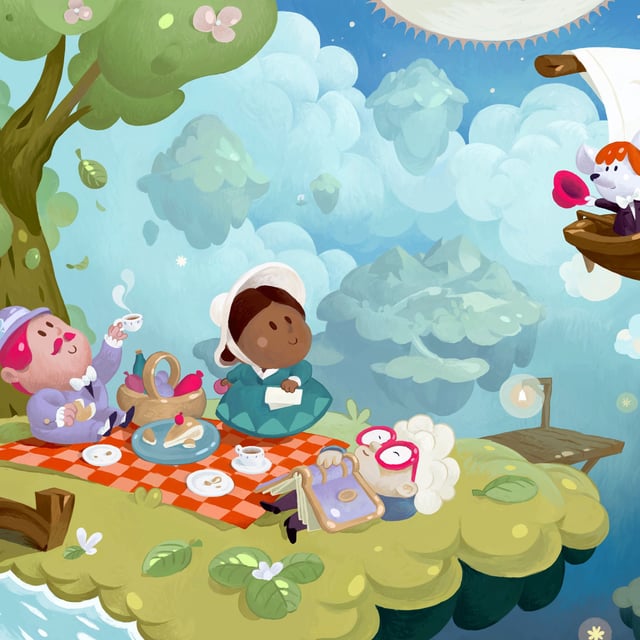 Twinkleby - An illustration of two characters having a picnic on a floating grassy island while another waves from a flying sailboat nearby