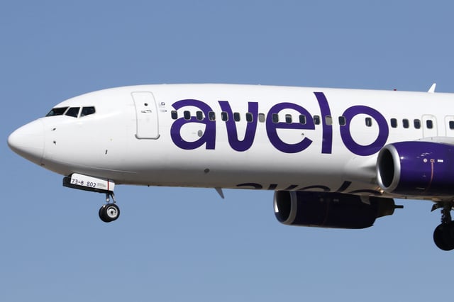 A Boeing 737 (737-800) jetliner, belonging to ultra low-cost carrier Avelo Airlines, lands at Harry Reid (formerly McCarren) International Airport in Las Vegas, Nv., on Feb. 16, 2022.