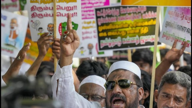 Members of Tamil Nadu Sunnath Jamath raise slogans during a protest against the Waqf (Amendment) Act, 2025, in Chennai on Tuesday (PTI)