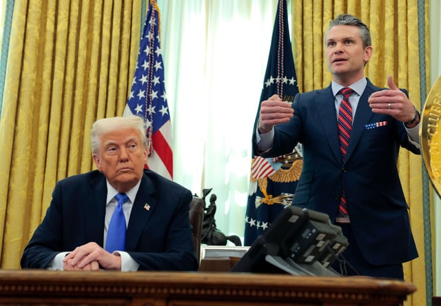 President Donald Trump and Secretary of Defense Pete Hegseth deliver remarks in the Oval Office of the White House on March 21, 2025, in Washington, D.C.