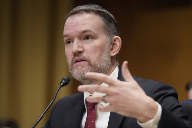 U.S. Trade Representative Jamieson Greer testifies before the Senate Finance Committee on Capitol Hill in Washington, Tuesday, April 8, 2025. (AP Photo/Mark Schiefelbein)