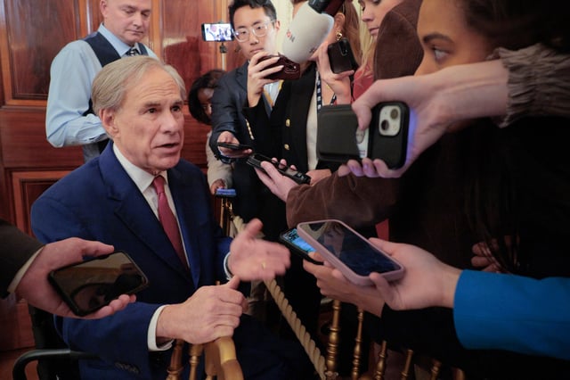 Texas Governor Greg Abbott with reporters at the White House on March 20, 2025.
